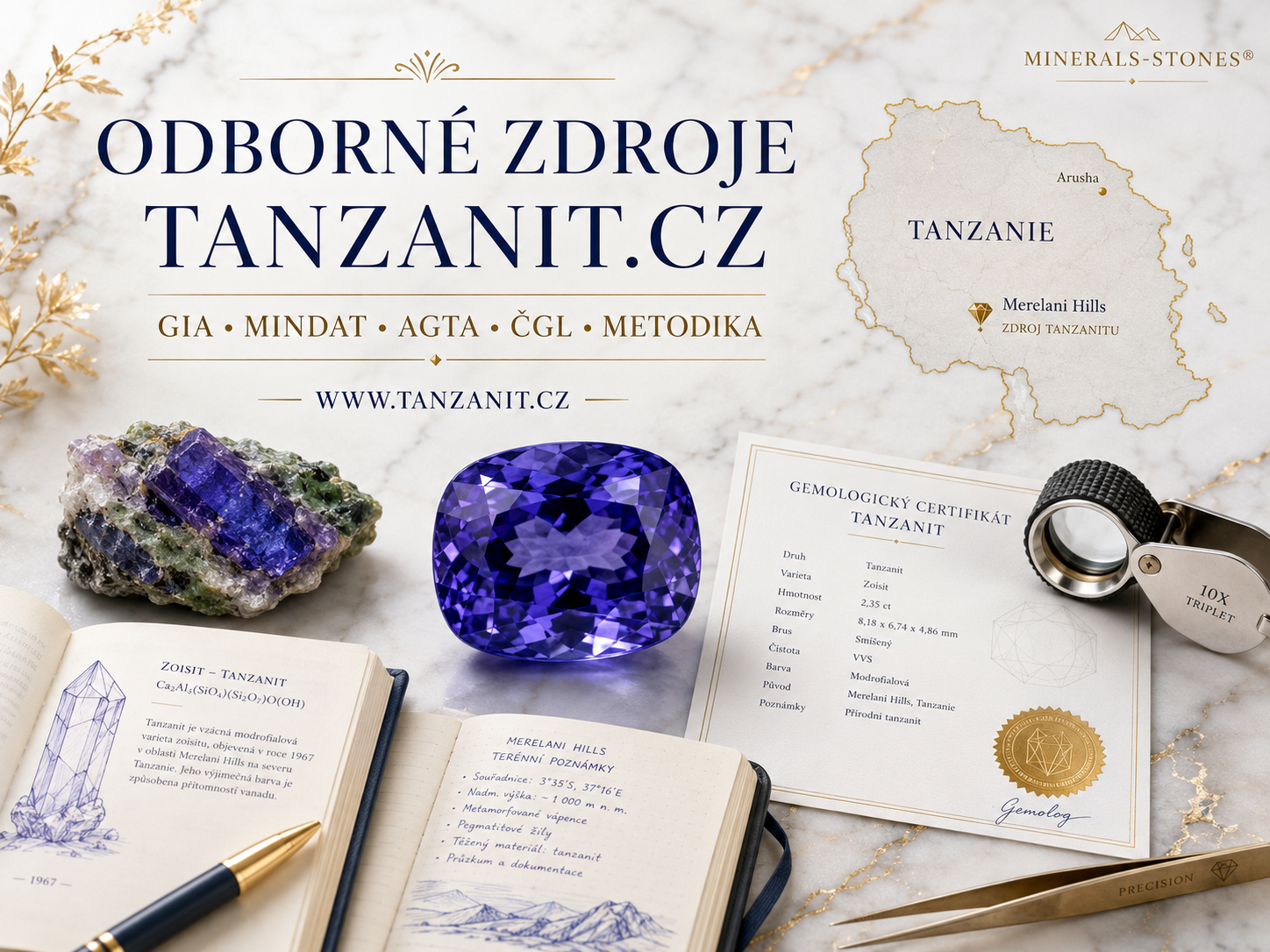 Odborné zdroje a metodika Tanzanit.cz, GIA, Mindat, AGTA, Merelani Hills a vzdělávání o tanzanitu.