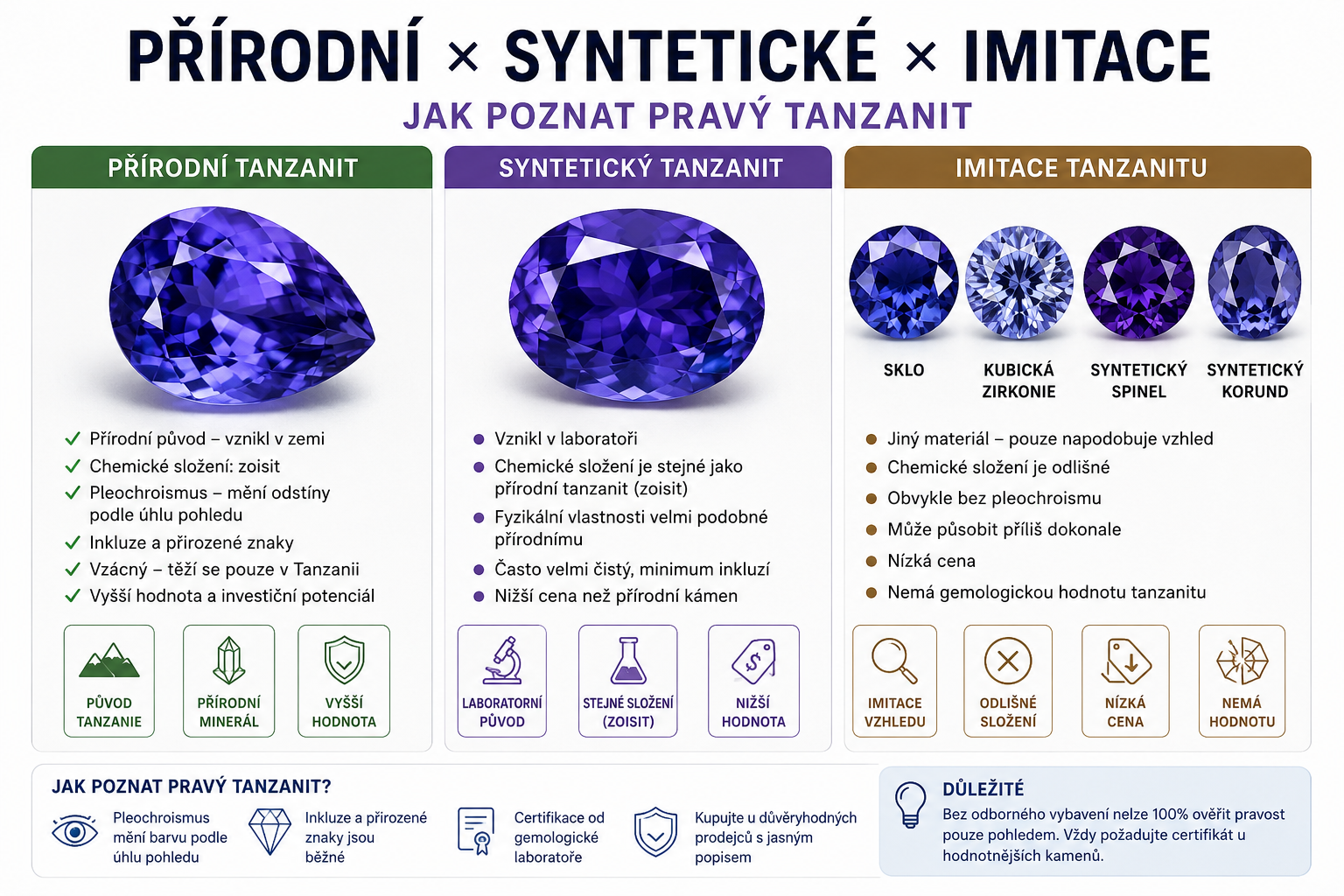 Jak poznat pravý tanzanit? Přírodní × syntetický × imitace | Tanzanit.cz