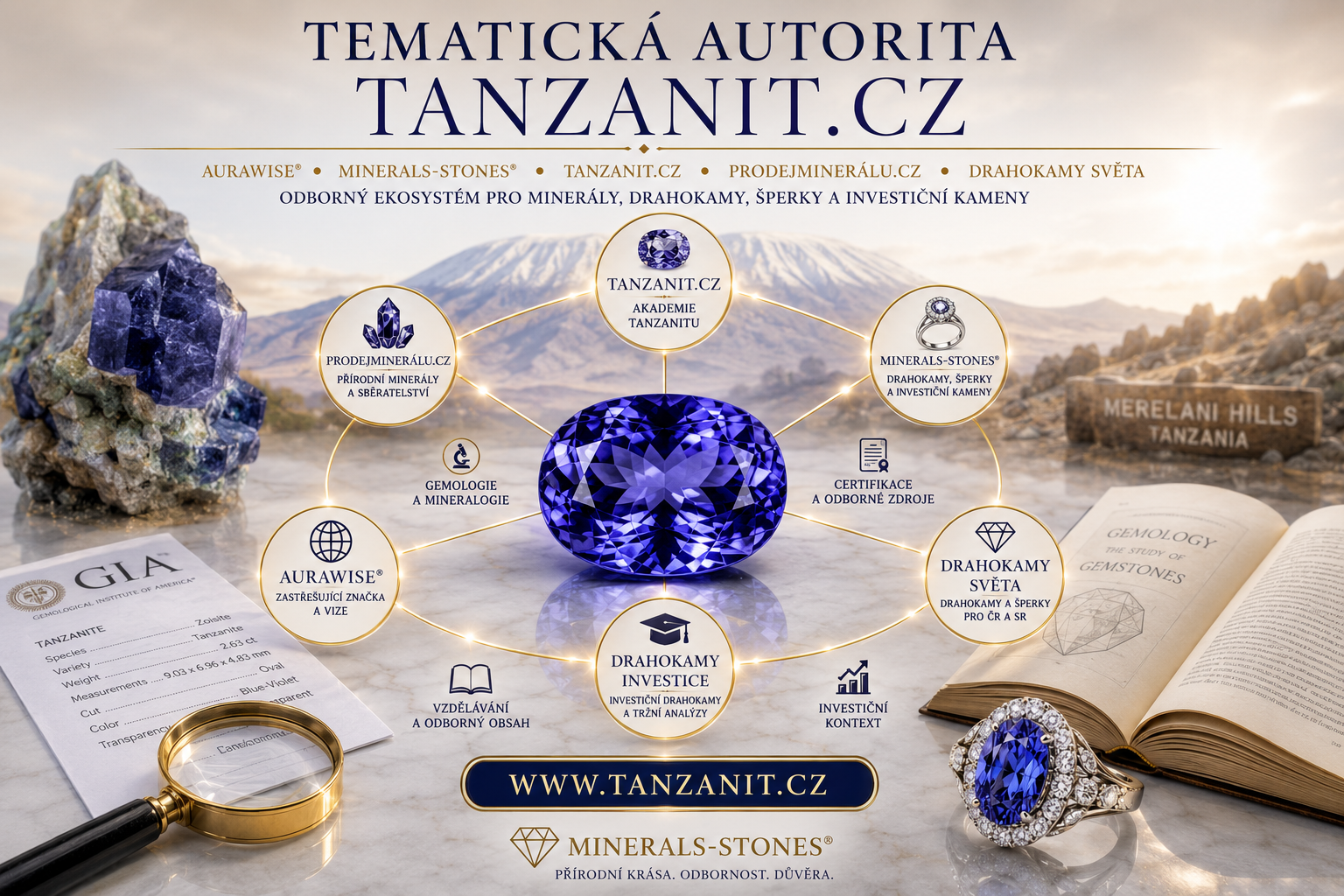Tematická autorita Tanzanit.cz, ekosystém MINERALS-STONES®, AURAWISE®, tanzanit, minerály, drahokamy a odborný obsah.